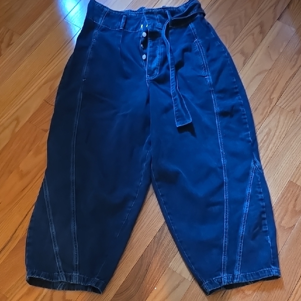 Free People Dark Blue High-Waisted Pants Barrel Jeans